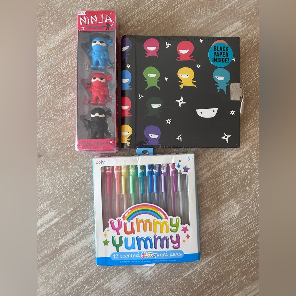 Ooly Ninja Bundle - Ninja Erasers, Ninja Locked Notebook, Yummy Yummy Gel Pens